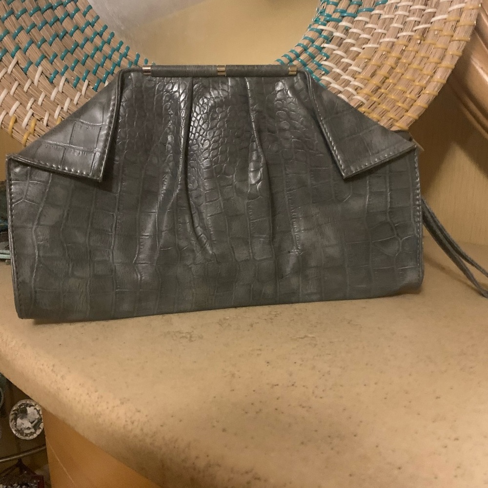 Grey Embossed Crocodile Clutch